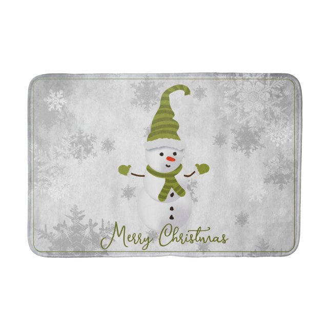 Green Cute Snowman Holiday Bath Mat (Front)
