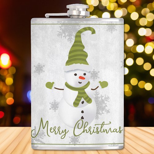 Green Cute Snowman Holiday Flask