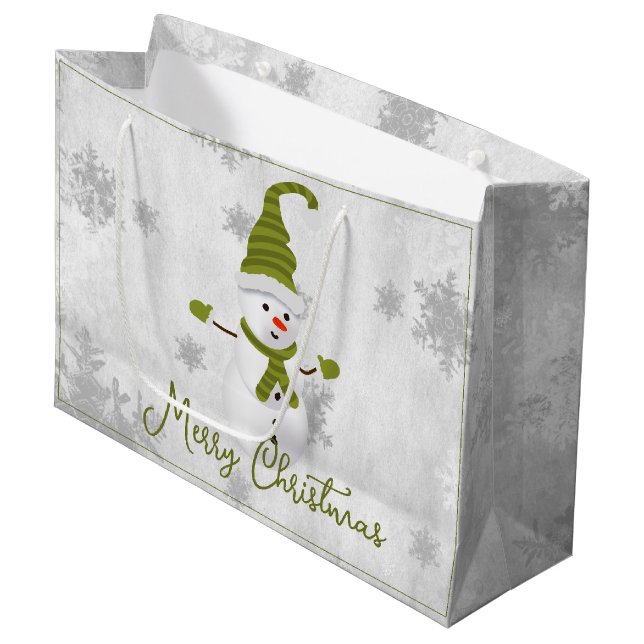 Green Cute Snowman Holiday Gift Bag (Front Angled)