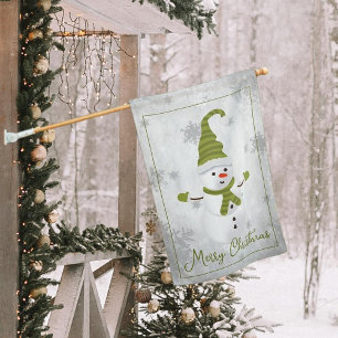 Green Cute Snowman Holiday House Flag
