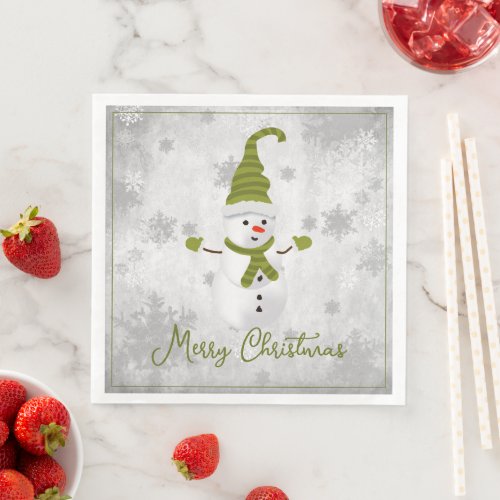 Green Cute Snowman Holiday Paper Napkin