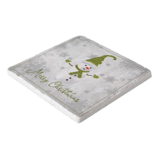 Green Cute Snowman Holiday Trivet (Corner)