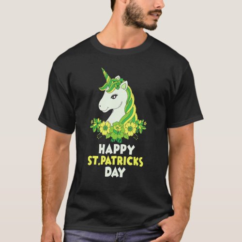 Green Cute Unicorn Face Flowers St Patricks Days G T_Shirt