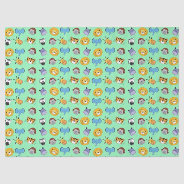 Green Cute Wild One Animal Illustrations Safari Tissue Paper (Front)