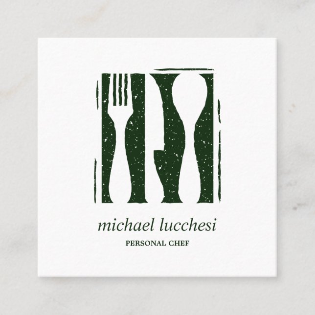 Green Cutlery Chef Catering Restaurant Social icon Square Business Card (Front)
