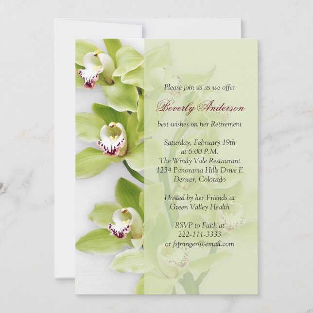 Green Cymbidium Orchid Retirement Invitation (Front)