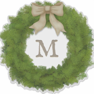 Green Cypress Wreath With Bow Custom Monogram Sticker