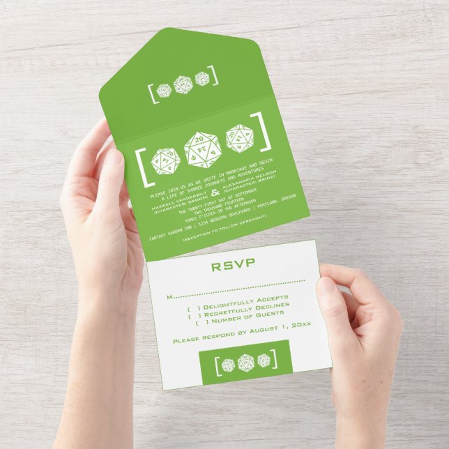 Green D20 Dice Gamer All in One Wedding Invite (Tearaway)