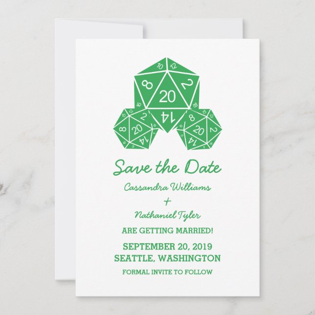 Green D20 Dice Save the Date Invite (Front)