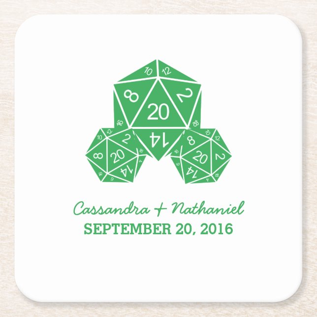 Green D20 Dice Wedding Paper Coasters (Front)