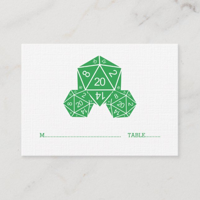 Green D20 Dice Wedding Place Card (Front)