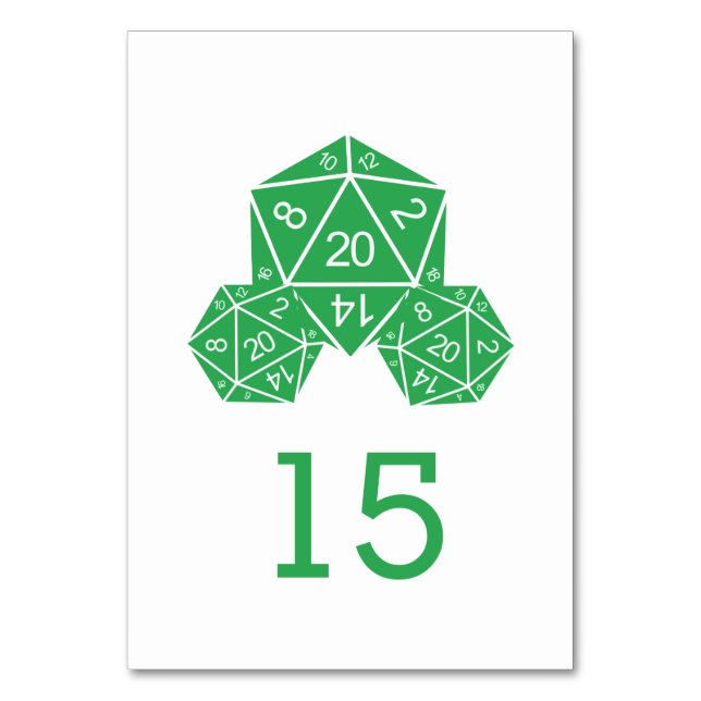 Green D20 Dice Wedding Table Card (Front)