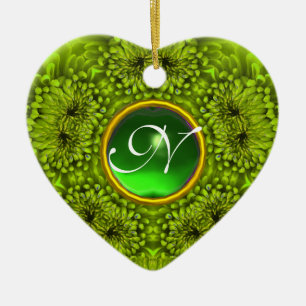 GREEN DAHLIA EMERALD MONOGRAM Heart Ceramic Ornament