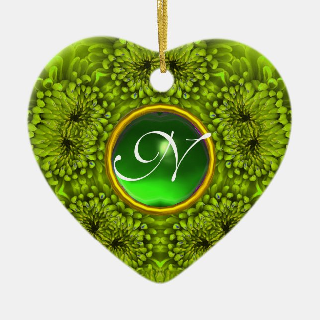 GREEN DAHLIA EMERALD MONOGRAM Heart Ceramic Ornament (Front)
