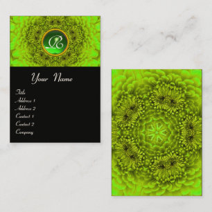 GREEN DAHLIA FLOWER PETALS EMERALD GEM MONOGRAM BUSINESS CARD