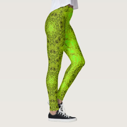 GREEN DAHLIA FLOWERS Abstract Floral Leggings