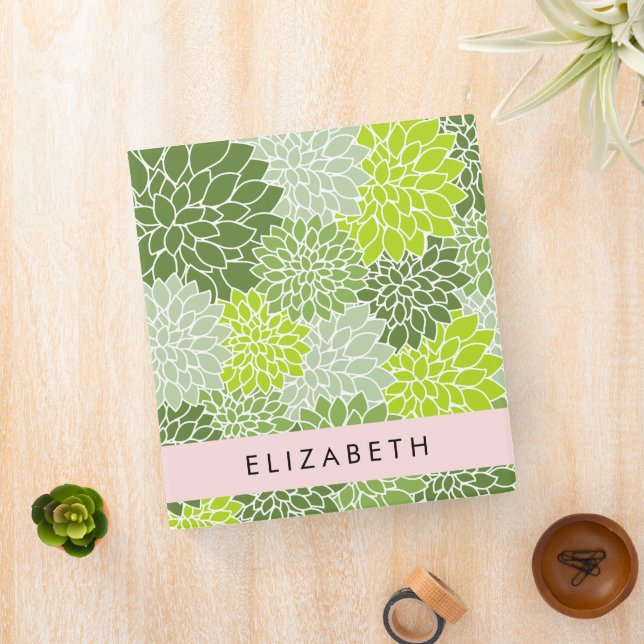Green Dahlia Flowers, Floral Pattern, Your Name 3 Ring Binder (In Situ)