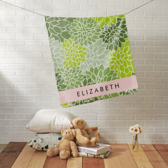 Green Dahlia Flowers, Floral Pattern, Your Name Baby Blanket (In Situ)