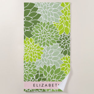 Green Dahlia Flowers, Floral Pattern, Your Name Beach Towel