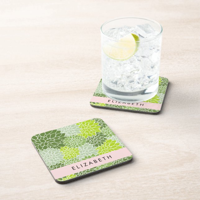 Green Dahlia Flowers, Floral Pattern, Your Name Beverage Coaster (Right Side)