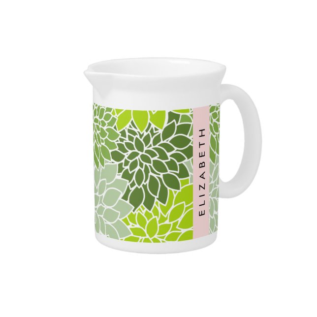 Green Dahlia Flowers, Floral Pattern, Your Name Beverage Pitcher (Right)