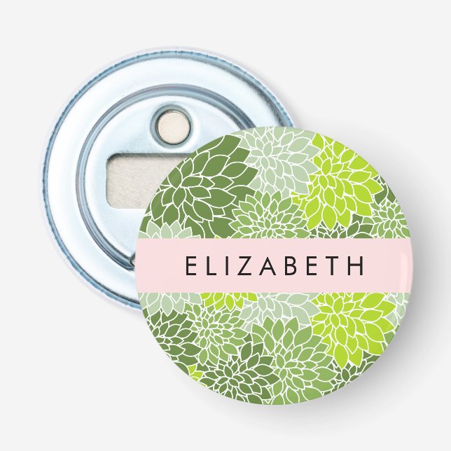 Green Dahlia Flowers, Floral Pattern, Your Name Bottle Opener (Front)