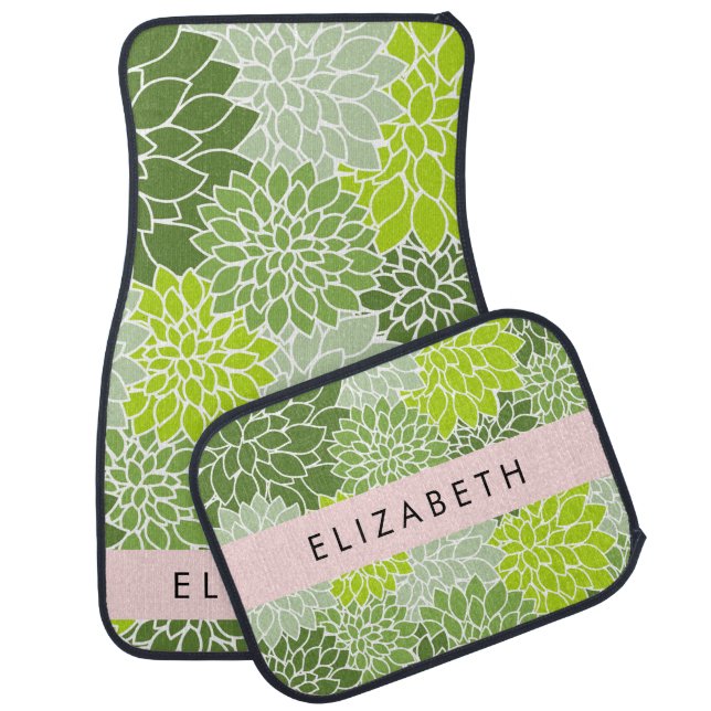 Green Dahlia Flowers, Floral Pattern, Your Name Car Floor Mat (Set)
