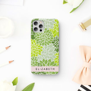 Green Dahlia Flowers, Floral Pattern, Your Name iPhone 12 Pro Case