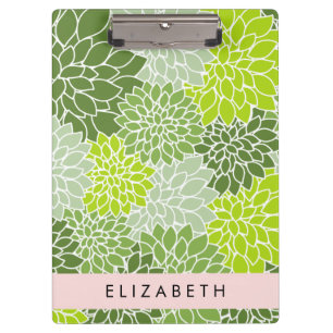 Green Dahlia Flowers, Floral Pattern, Your Name Clipboard