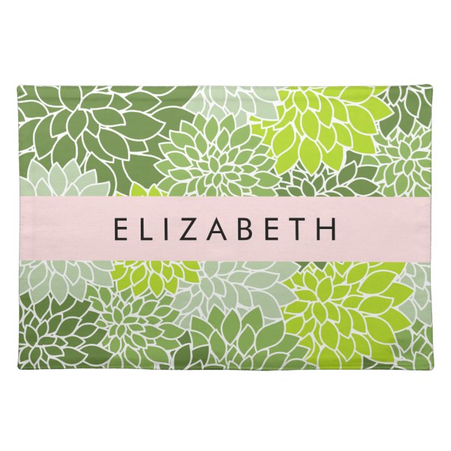 Green Dahlia Flowers, Floral Pattern, Your Name Cloth Placemat (Front)