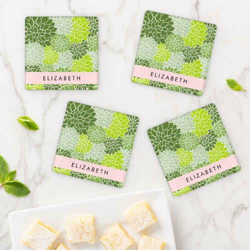 Green Dahlia Flowers Floral Pattern Your Name Coaster Set