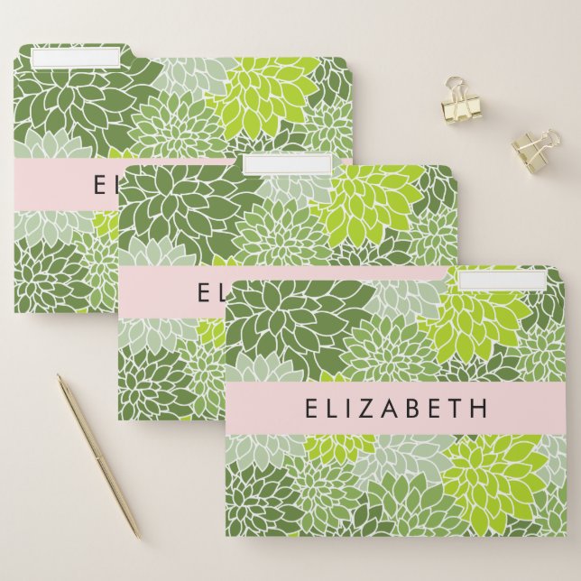 Green Dahlia Flowers, Floral Pattern, Your Name File Folder (Set)