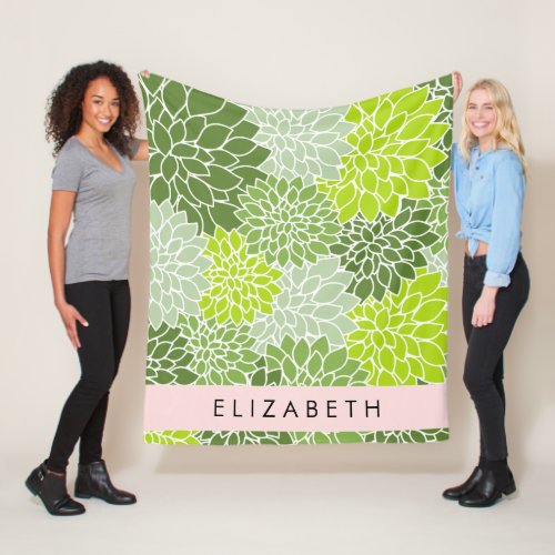 Green Dahlia Flowers Floral Pattern Your Name Fleece Blanket