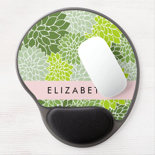 Green Dahlia Flowers, Floral Pattern, Your Name Gel Mouse Pad (Left Side)