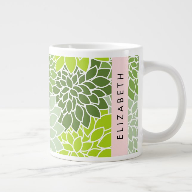 Green Dahlia Flowers, Floral Pattern, Your Name Giant Coffee Mug (Right)