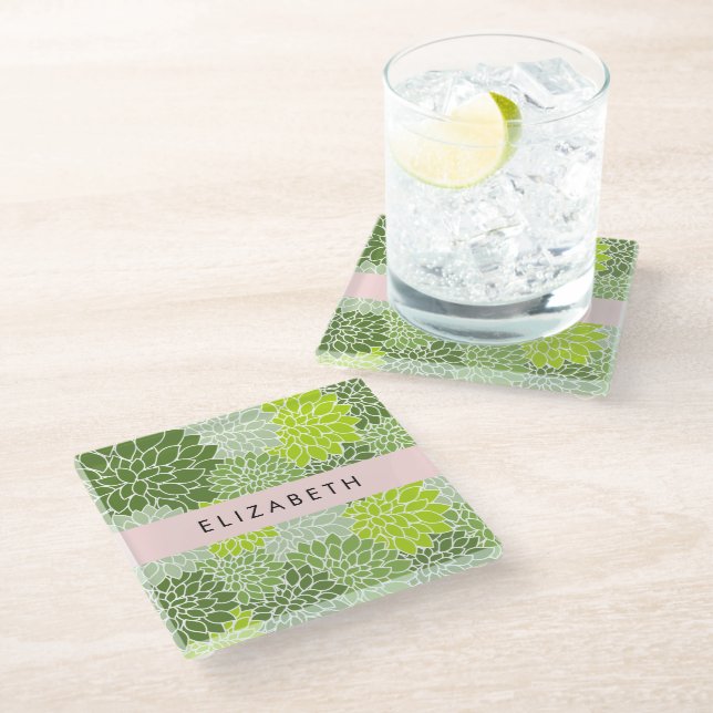 Green Dahlia Flowers, Floral Pattern, Your Name Glass Coaster (Angled)