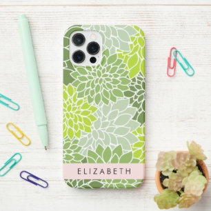 Green Dahlia Flowers, Floral Pattern, Your Name iPhone 12 Pro Case