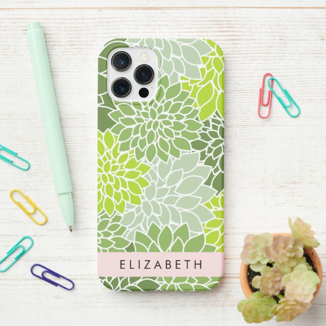 Green Dahlia Flowers, Floral Pattern, Your Name iPhone Case (On Desk)