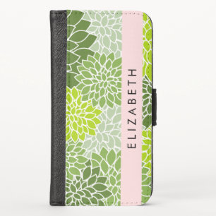 Green Dahlia Flowers, Floral Pattern, Your Name iPhone X Wallet Case