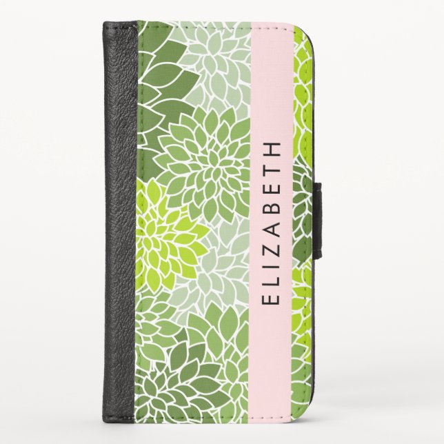 Green Dahlia Flowers, Floral Pattern, Your Name iPhone Wallet Case (Front)