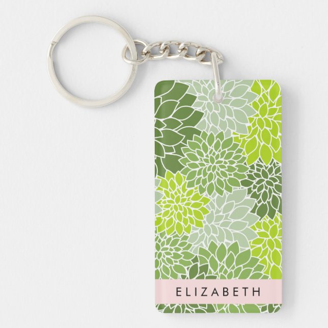 Green Dahlia Flowers, Floral Pattern, Your Name Keychain (Front)