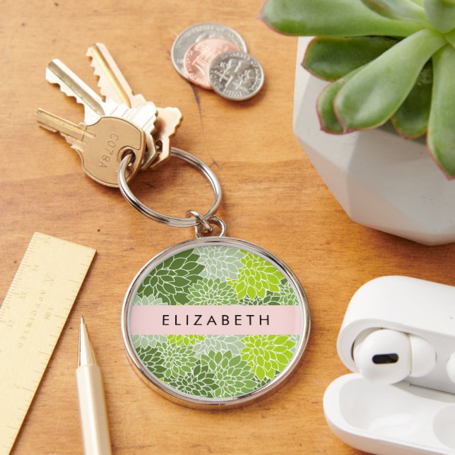 Green Dahlia Flowers, Floral Pattern, Your Name Keychain (Desk)