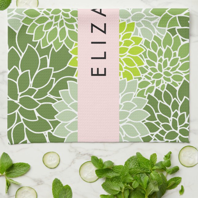 Green Dahlia Flowers, Floral Pattern, Your Name Kitchen Towel (Folded)