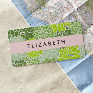 Green Dahlia Flowers, Floral Pattern, Your Name License Plate