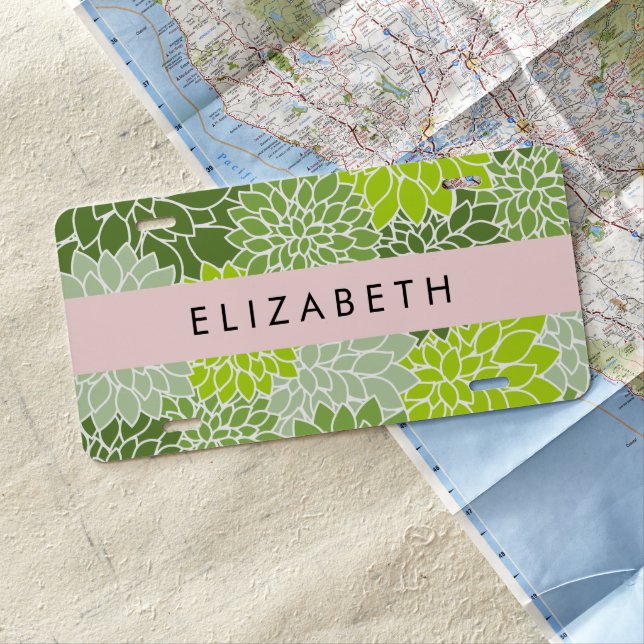 Green Dahlia Flowers, Floral Pattern, Your Name License Plate (In Situ)