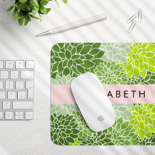 Green Dahlia Flowers, Floral Pattern, Your Name Mouse Pad