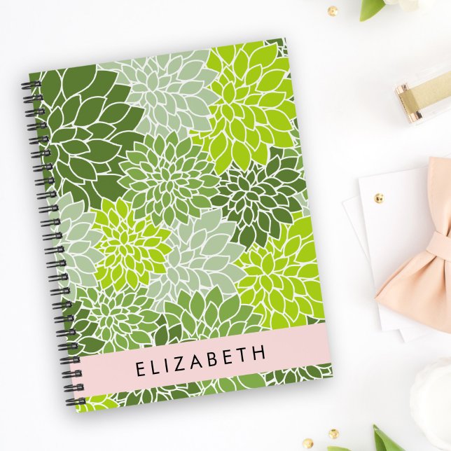Green Dahlia Flowers, Floral Pattern, Your Name Notebook (Creator Uploaded)
