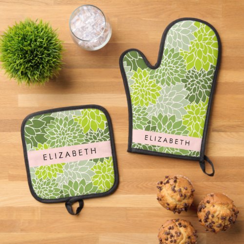 Green Dahlia Flowers Floral Pattern Your Name Oven Mitt  Pot Holder Set