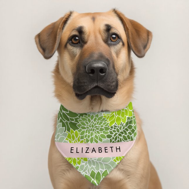 Green Dahlia Flowers, Floral Pattern, Your Name Pet Bandana Collar (Dog 2)