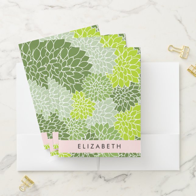 Green Dahlia Flowers, Floral Pattern, Your Name Pocket Folder (In Situ)